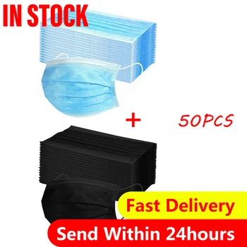

50pc Disposable Face Mask Adults Black And Blue Sports Mouth Cover 3ply Ear Loop Breathable Face Mask Mascarillas
