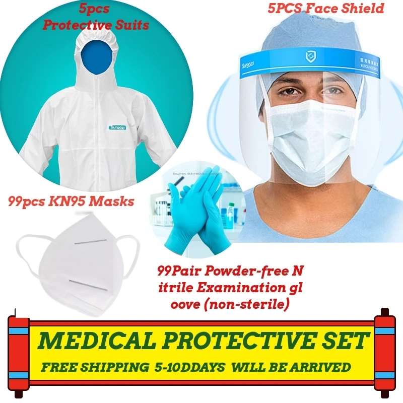

Free shipping medical protective sets 99pcs KN95 FFP2 mask+99 pair golves+5pcs face shield+5pcs Protective Suit