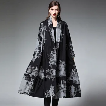 

2019 new autumn windbreaker large size women's personality fashion coat printing long cardigan