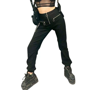 

Women Girls Casual Harem Pants with Silver Chain Gothic Harajuku Black Streetwear Cool Hip Hop Zipper Long Trousers Cargo Pant
