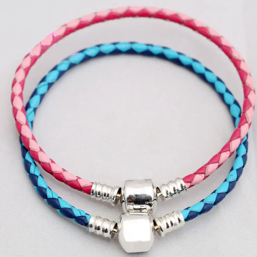 925 пробы серебряный браслет змеиная цепочка баррель застежка моменты двойной тканый кожаный браслет подходит DIY Шарм Diy ювелирные изделия