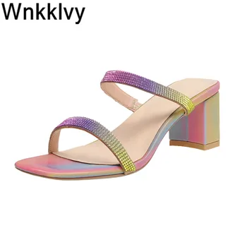 

Bling bling high heels flipflops vocation beach slippers women rainbow shiny crystal lazy mules simple sandals summer shoes 2020