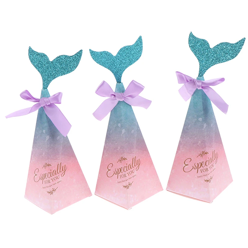 10pcs Mermaid Tail Candy Boxes Pink Mermaid Tail Bow Knot Gifts Box Kids Favors Wedding Theme Birthday Party Supply