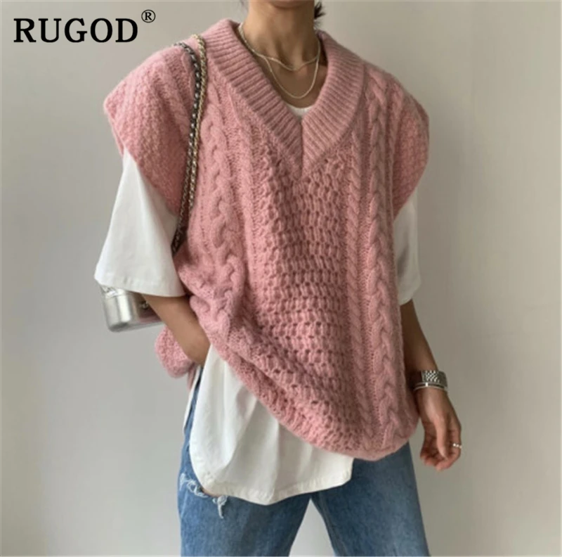 RUGOD, элегантный вязаный женский свитер, корейский шик, v-образный вырез, без рукавов, пуловер, жилет, женский,, модный, элегантный, негабаритный свитер