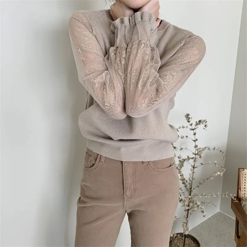 

HziriP Gentle Women Patchwork Lace Light Knitted Jumpers Chic 2020 Autumn Hot Thin Loose Mesh All Match Office Lady Sweaters