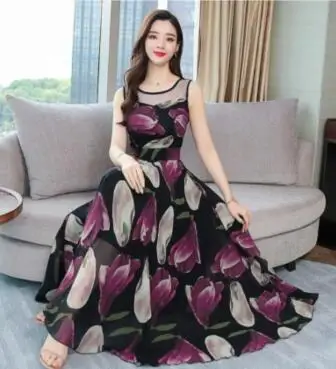 

Plus Size S-4XL 2019 Summer New Arrival Elegant Round Collar Sleeveless Flower Printed Woman Long Chiffon Dress