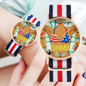 

Delicate A Woman in Swimsuit Pattern Quartz Watch for Girls Nylon Strap Roman Numerals Dial Watches Gift for Lady