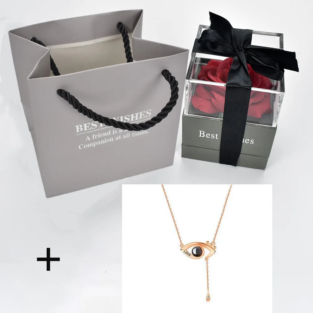red with necklace 13 Красный цветок розы коробка ювелирных изделий декоративные цветы держатель Чехол 100 языков я люблю тебя Романтическая любовь ожерелье для девушки подарок - Цвет: red with necklace 13