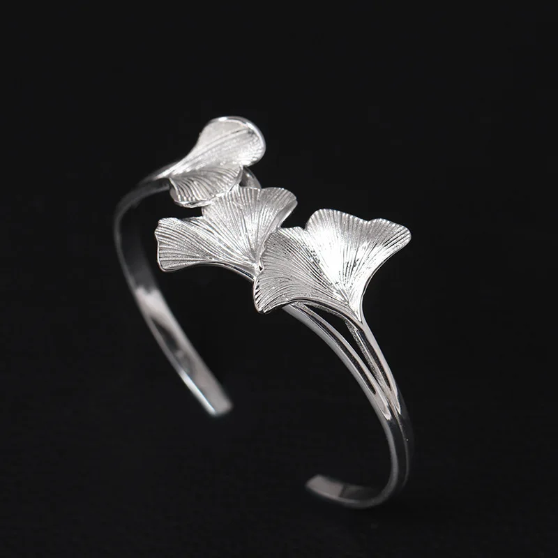 

925 Sterling Silver Luxury Bangles for Women Ginkgo Leaf Plant Bracelets Wedding Brides Girl Ethnic Jewelry Valentines Day Gifts
