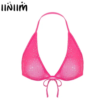 

iiniim Womens Lingerie Exotic Bras Glitter Rhinestones Halter Neck Backless Hollow Out Fishnet Triangle Bra Tops Sheer Bralette