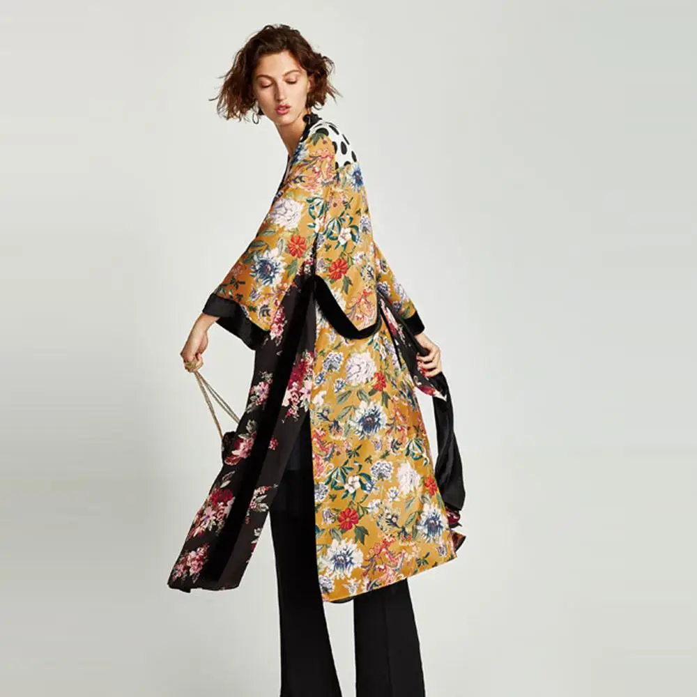 Kimono Cardigan Blouse Shirts Flower-Print Beach-Cover-Up Boho Long Women Summer Robe