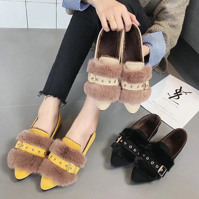 

Single Shoes Women's 2018 Autumn New Style Korean-style Social Fluffy Shoes Moccosins Female Shallow Mouth Flat Slip-on Loafers