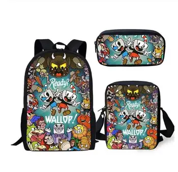 

3PCS/Set Game Cuphead Mugman School Backpack for Teenager Boys 16 inch BookBag Baby Kids Student Satchel Mochila Daypack