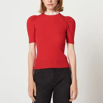 

2020 Spring Women's Red Color Sweater Knitted O-neck Lace Patchwork Short Sleeve Female Pull