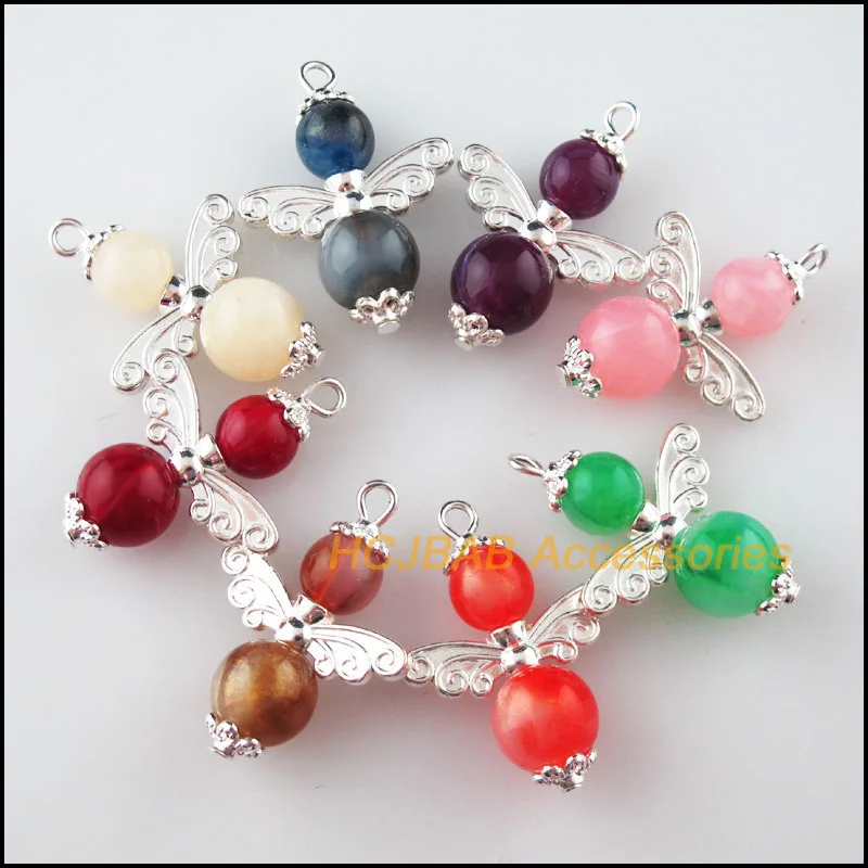 

8 New Angel Charms Jade Round Beads Acrylic Silver Plated Mixed Pendants 22x29mm