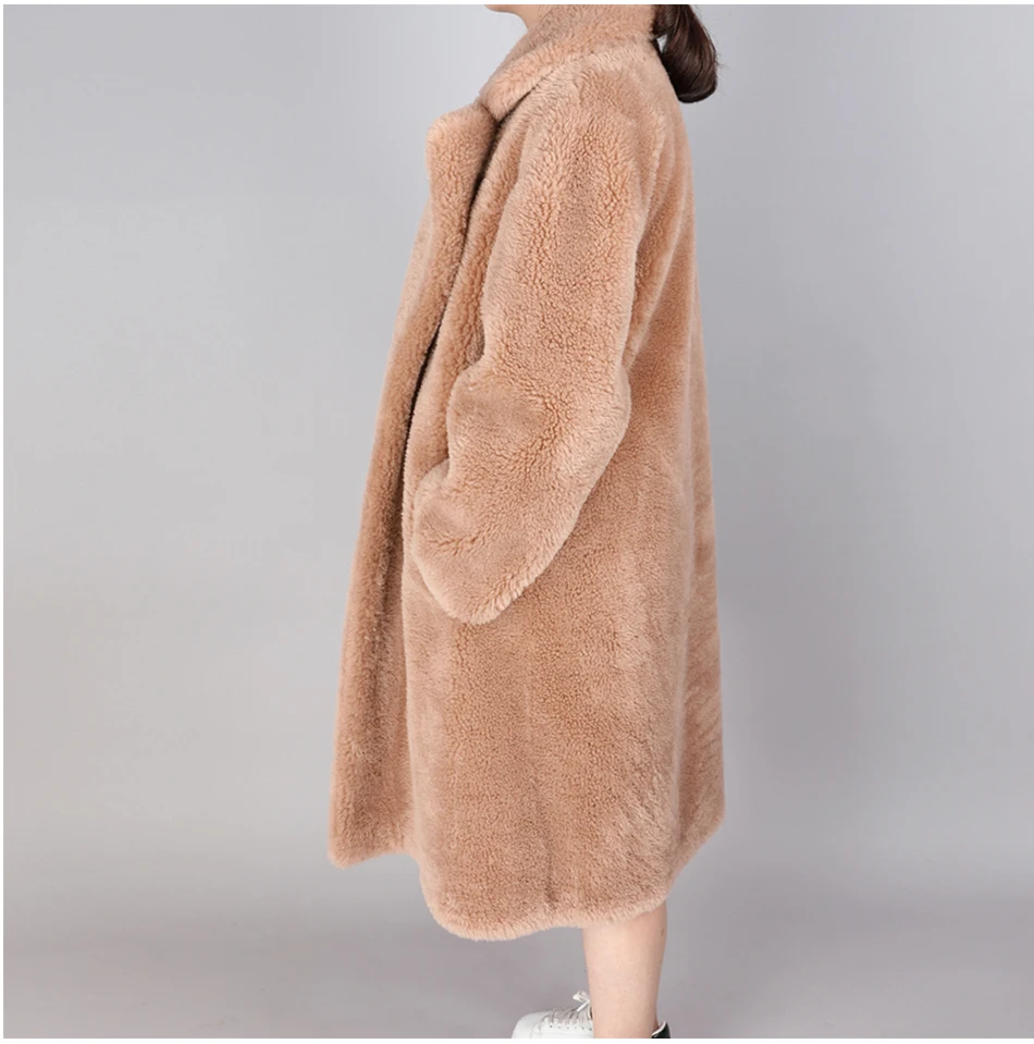 Зимнее модное пальто из натуральной шерсти овчина длинная теплая Свободная куртка женская куртка