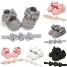 2 предмета для маленьких девочек; Милые однотонные туфли для новорожденных Детские Мягкая подошва, с бантом для детей, начинающих ходить Туфли под платье+ повязка на голову