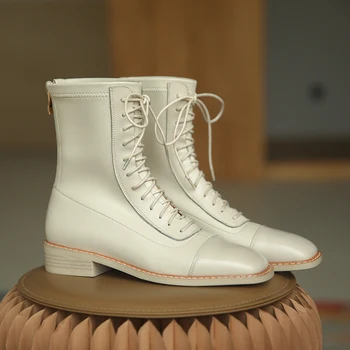 

Genuine Leather New lace up Zipper low Heels Women ankle Boots Party casual Shoes Woman Sexy Riding Boots woman