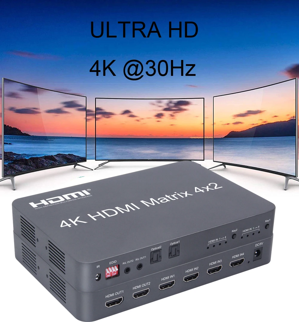 4K HDMI матричный 4X2 переключатель разветвитель видео конвертер коммутатор с оптическим волокном и аудио 4 к X 2 к 4 в 2 Выход HD ТВ монитор дистрибьютор для PS3 PS4 xbox ТВ коробка компьютер ПК к ТВ HD ТВ