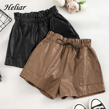 

HELIAR Women Solid Wrastring Elastic Waist High Waist PU Shorts Wide Leg Outwear Shorts 2019 Autumn INS Hot High Street Shorts