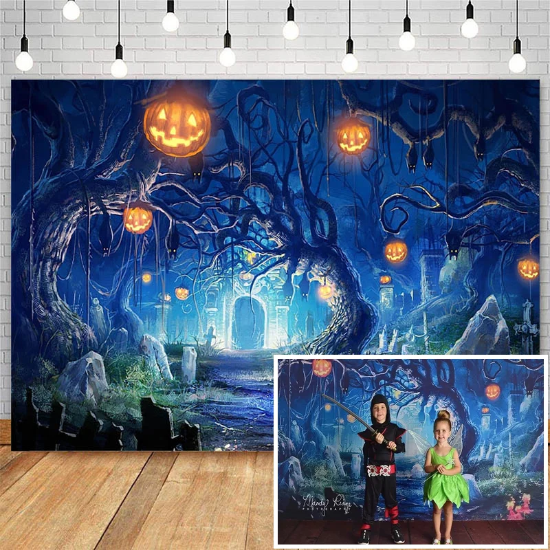 

Mocsicka Halloween Photography Backdrops Horror Castle Pumpkin Lantern Old Tree Decoration Photocall Background Photo Studio