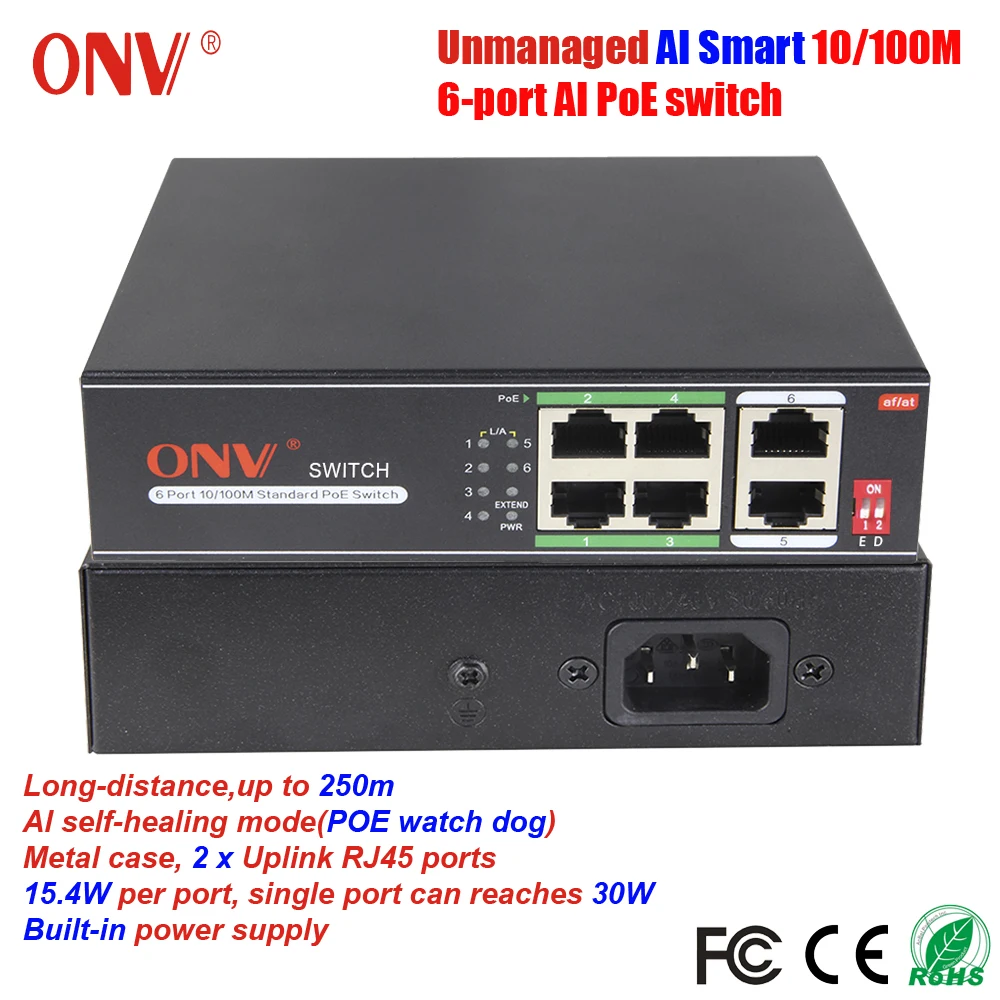 ONV-Interruptor de 6 puertos AI PoE para cámara POE, no gestionado, 10/100M, IEEE 802.3af/at VLAN, transmisión de 250m, reloj de autocuración con inteligencia artificial para perro, para cámara PoE