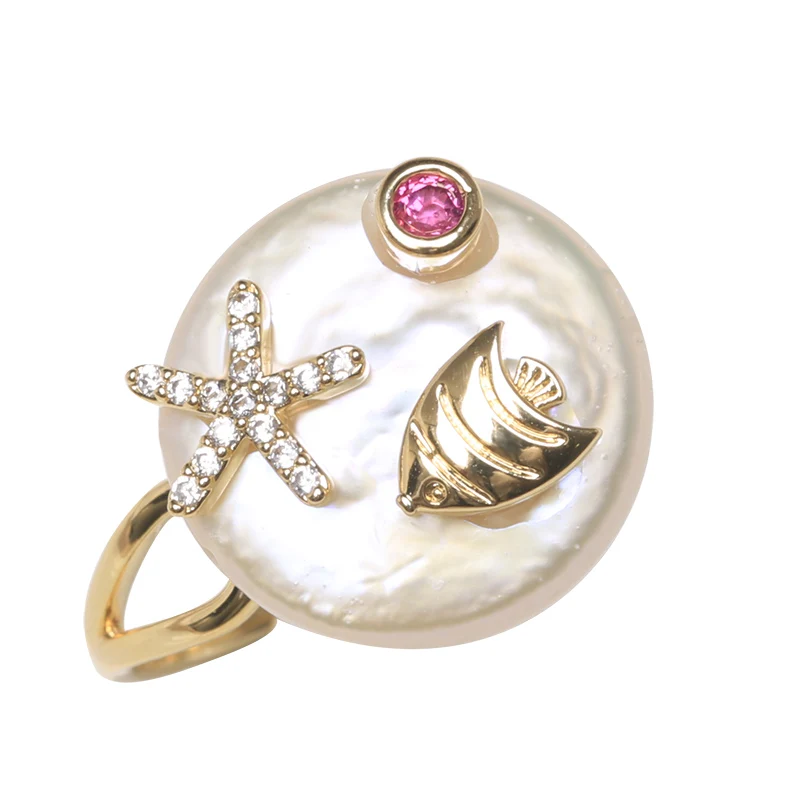 BaroqueOnly Рыба Морская звезда дизайн 925 Серебряное жемчужное кольцо натуральный белый жемчуг ювелирные изделия Регулируемые кольца Подарки Горячие RBA - Цвет камня: Adjustable