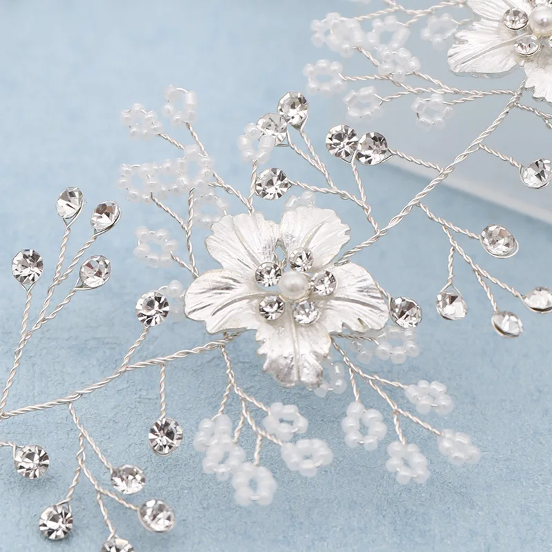 Silver Flower Pearl Headband Bridal Headband Women's Hair Accessories Pearl Rhinestone Headband Wedding Hair Jewelry