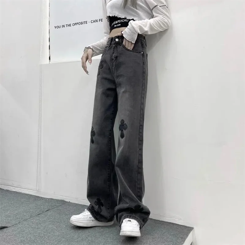 american eagle jeans Streetwear Korean Fashion Cross Applique Jeans Woman High Waist Y2k Straight Baggy Pants Versatile Casual Grey Denim Trousers blue jeans