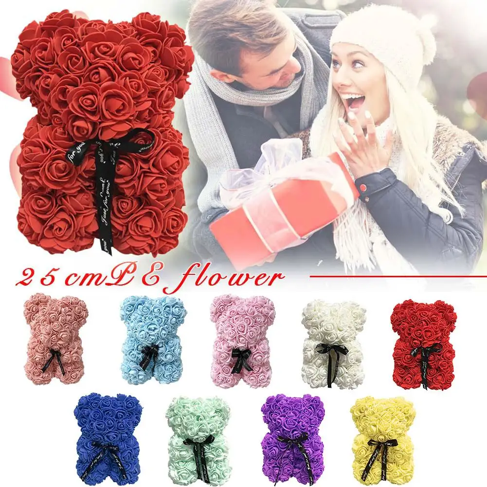 

2020 Valentines Day Gift 25cm Simulated PE Flower Bear Rose Flower Artificial Decoration Christmas Gifts Women Valentines Gift