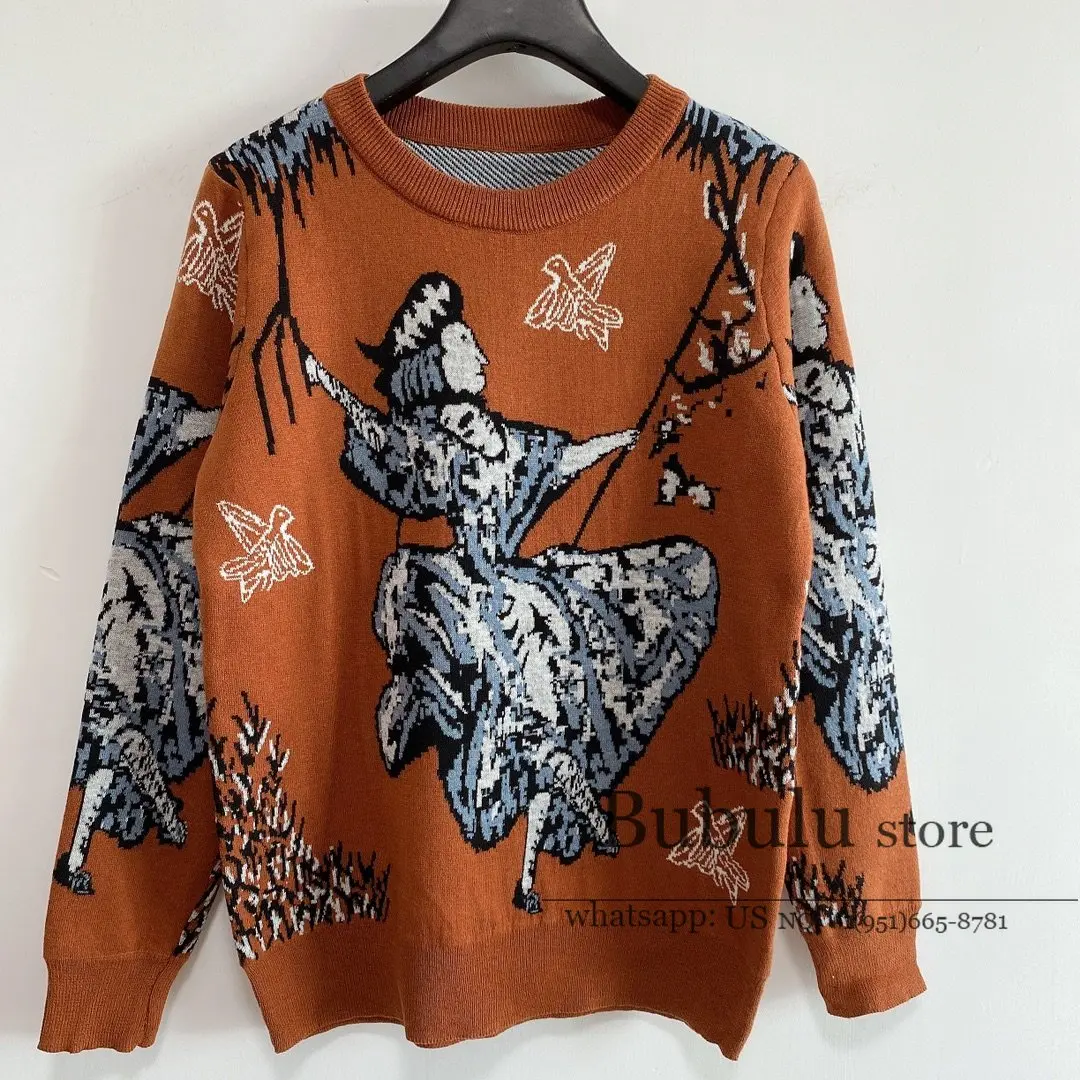 

luxury designer women new sweaters runway Autumn winter long sleeve wool blended Figure print jacquard sweater pullovers jumpers