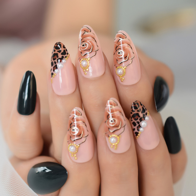 Long STILETTO False Nails Pre-designed Curved Pink Marble Press On Nails including glue sticker