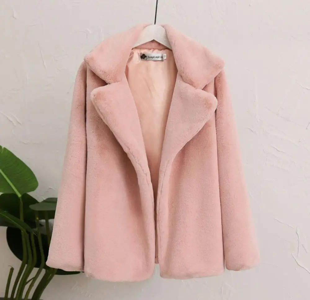 Женское пальто из искусственного меха, осенне-зимнее пальто из меха кролика Рекс, плотное теплое меховое пальто с отложным воротником, Женское пальто