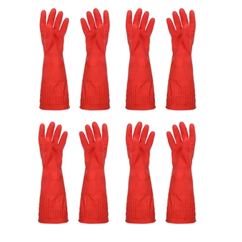 

4 Pair Red Kitchen Wash Dishes Cleaning Waterproof Long Sleeve Rubber Latex Gloves Tool