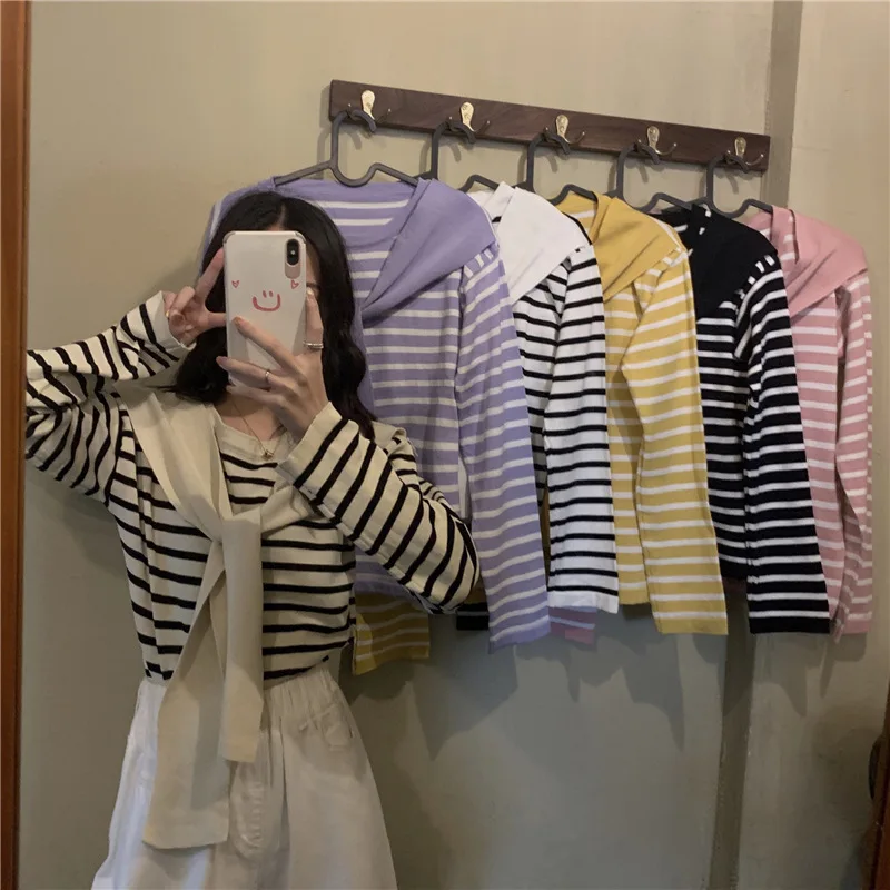 Autumn 2020 New Style WOMEN'S Dress Korean-style Fashion Loose Mock Two-Piece Stripes Shawl Long-sleeve Knitwear Slimming Tops |