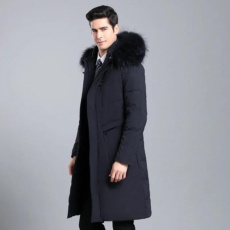 Зимний пуховик мужской длинный выше колена толстый Корейский вариант большой меховой воротник супер длинный большой размер пальто Doudoune Homme
