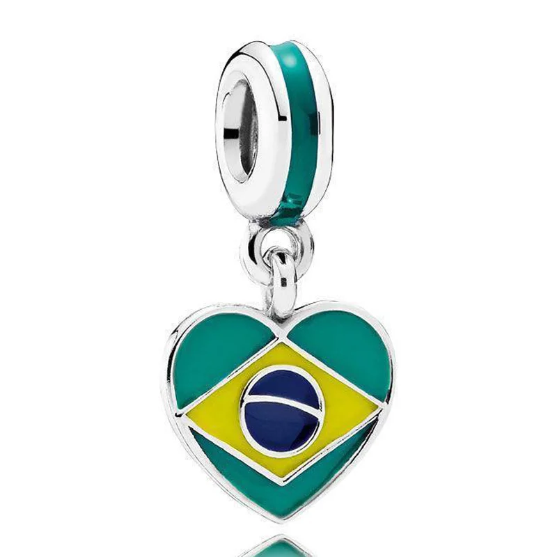 Микс эмаль Испания США Франция Канада Россия Бразилия любовь сердце кулон в форме флага Шарм Fit Pandora браслет серебряные бусины 925 пробы