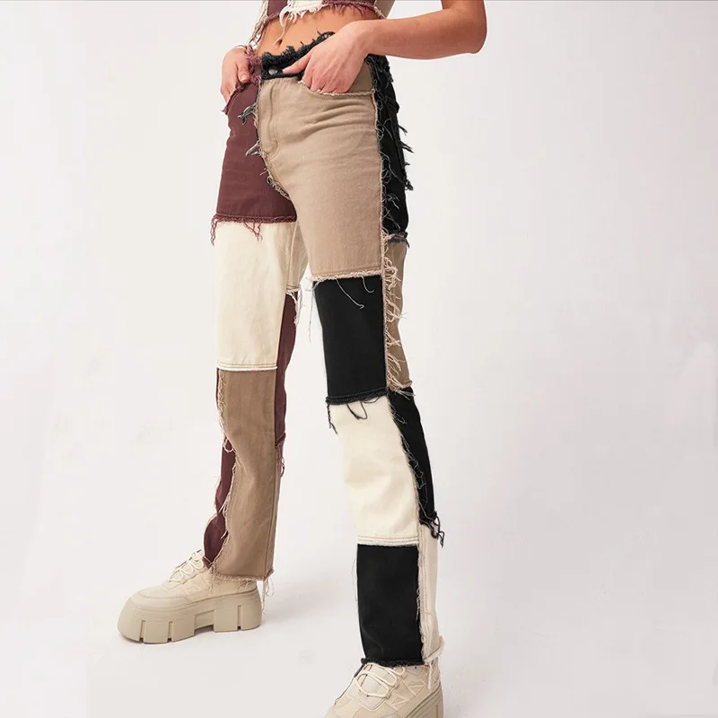 

3Y European And American Trend Autumn High Waist Dark Women's Regular Splicing Black Brown Straight Jeans