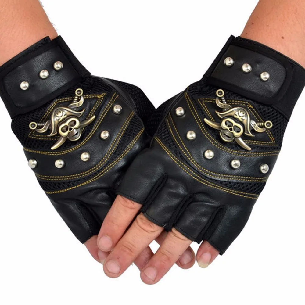 Men Women PU Leather Skull Punk Driving Motorcycle Biker Fingerless Gloves 
