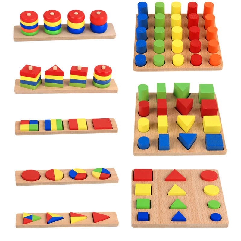 Montessori teaching aids 8 sets of geometric shapes paired combination early education puzzle wooden children's blocks toys