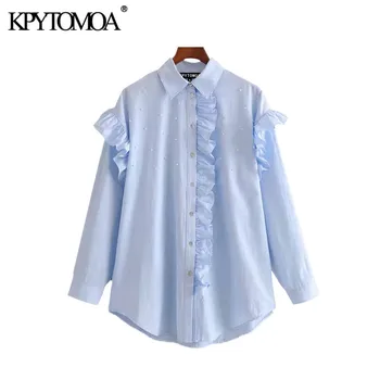 

KPYTOMOA Women 2020 Vintage Fashion Office Wear Ruffled Blouses Long Sleeve Pearl Beads Female Shirts Blusas Mujer Chic Tops
