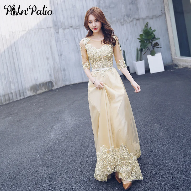 

Gold Long Prom Dresses With Sleeves 2019 A-line Floor-length Scoop Neck Appliques Evening Gowns For Wedding