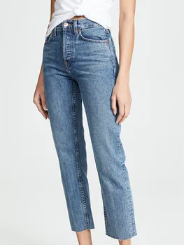 

2020 Spring Summer New Lady Ankle-Length Jeans Solid Color Straight High Waist Pockets Pants Fashion