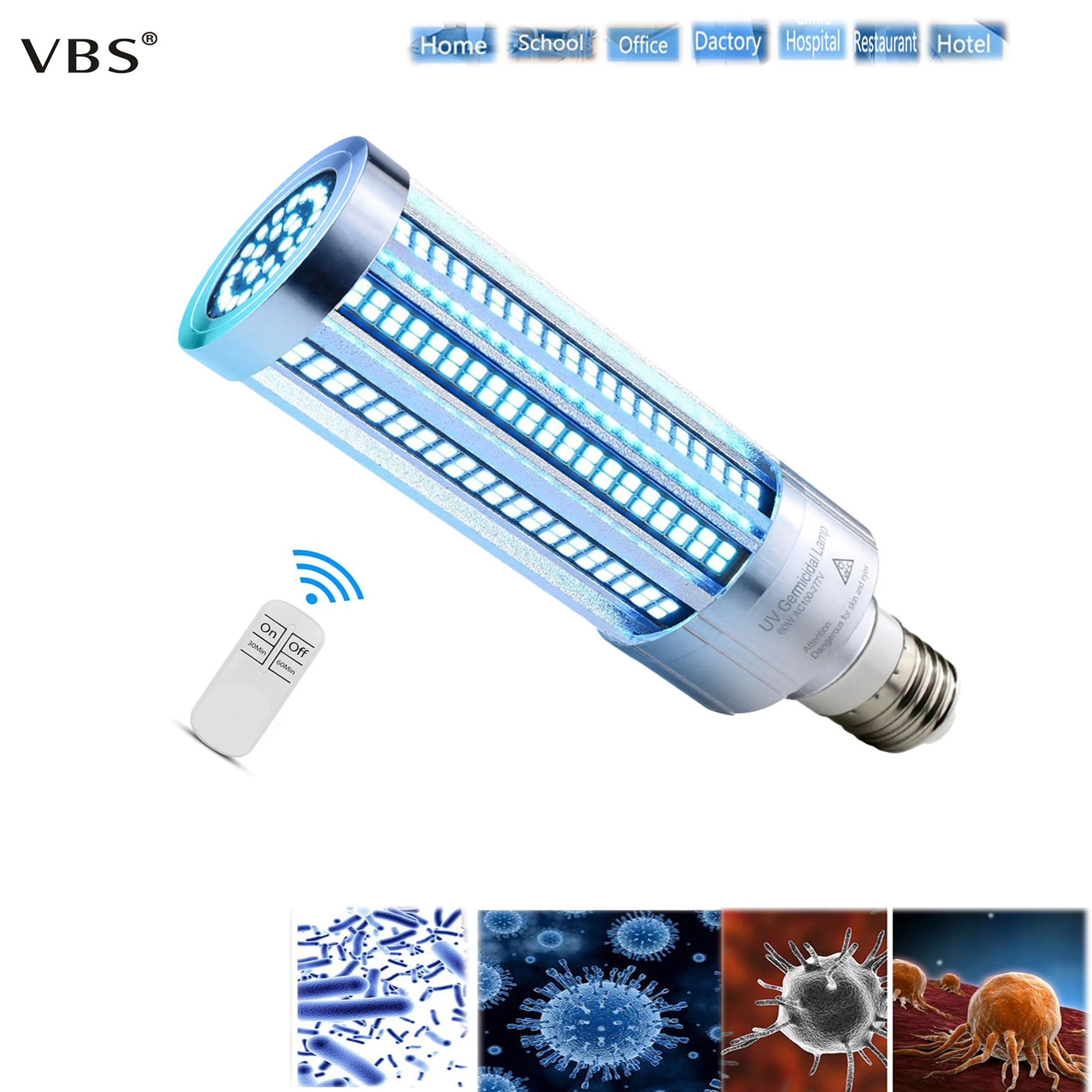 

60W UV Germicidal light LED UVC Light Bulb Room E27 Lamp Remote Control timing Killing 99% Air Virus Mite Bacteria 110V 220V