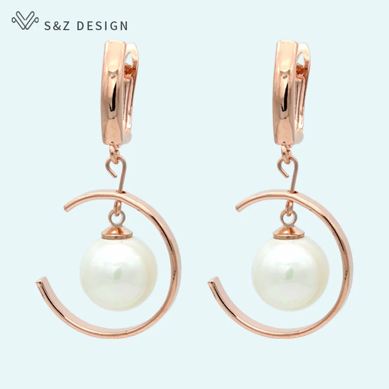 

S&Z New Fashion Imitation Pearl 585 Rose Gold Dangle Earrings Japanese South Korean Eardrop For Women Wedding Fine Jewelry Gift