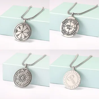 

EUEAVAN 10pcs/lot Key Of Solomon Tree of Life Eye of Horus Valknut Stainless Steel Necklace Roun Box Chain Necklace Women Men