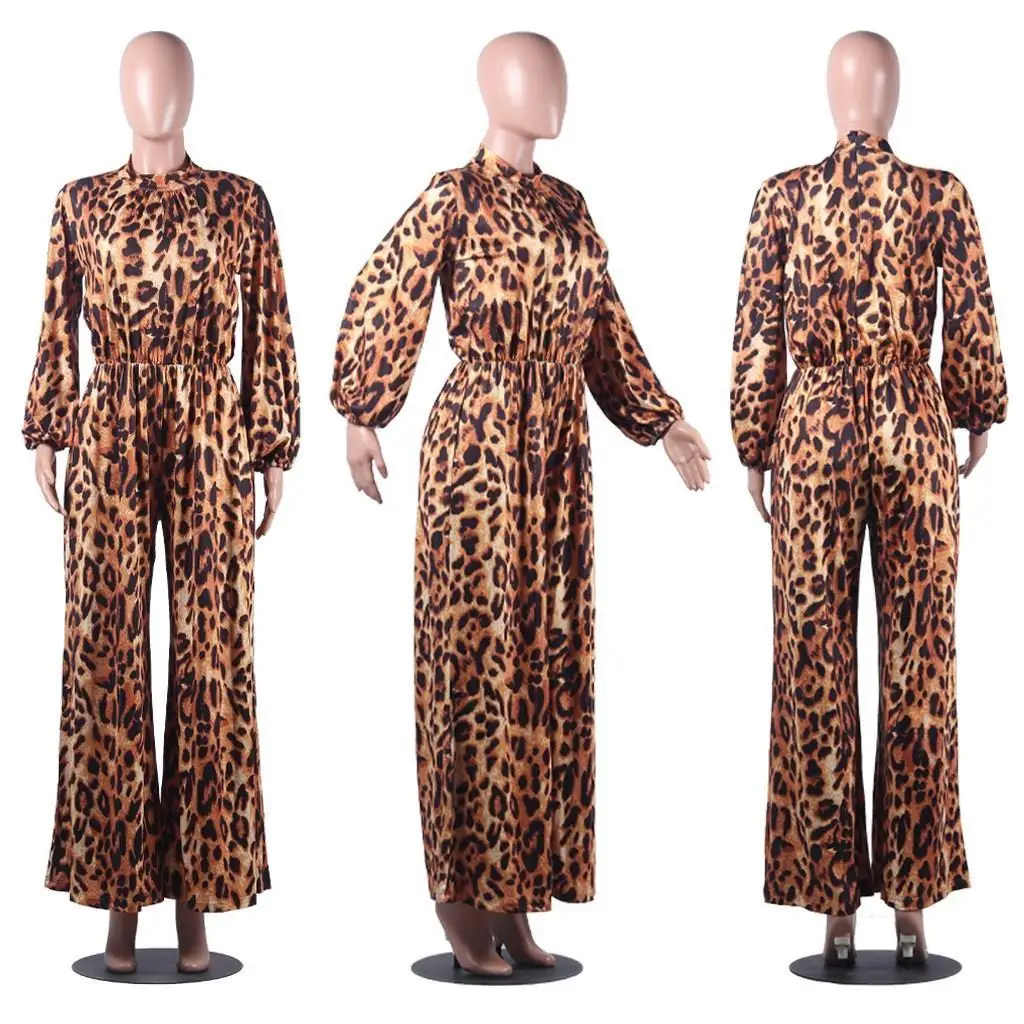 Holiday Turtleneck Sexy Leopard Print Jumpsuits Women Full Sleeve Elastic Braid Chiffon Long Jumpsuits