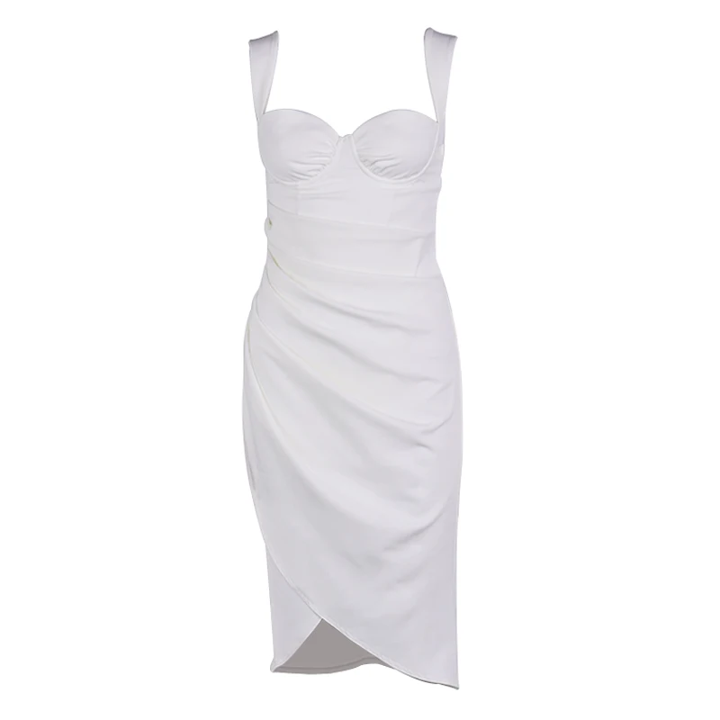 NewAsia White Party Dress Women Summer Sleeveless Underwire Sweetheart Neckline Sexy Dress Side Split Ruched Midi Vestidos