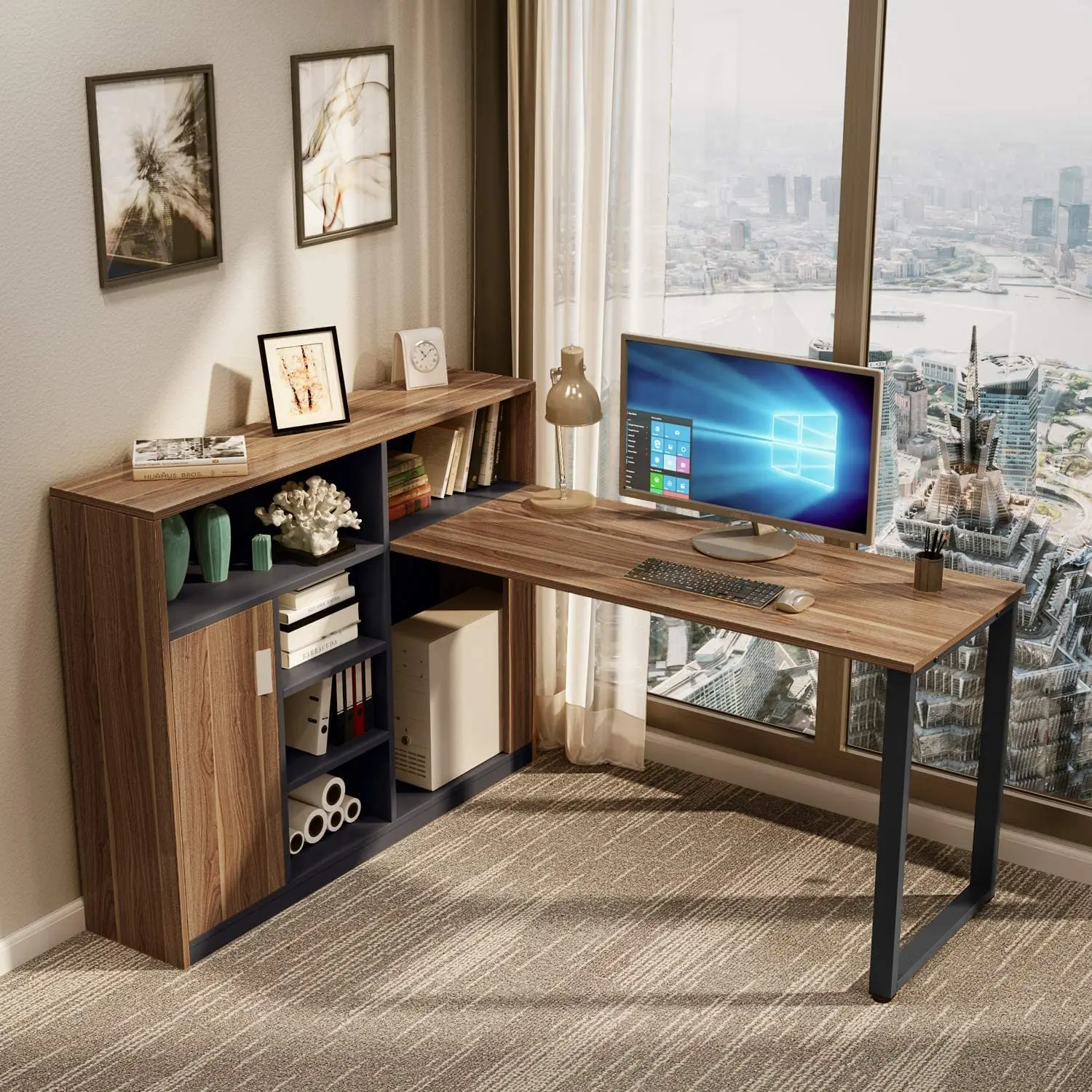 

Tribesign 59-inch large computer desk with lockers, modern home office desk with cabinets and shelves