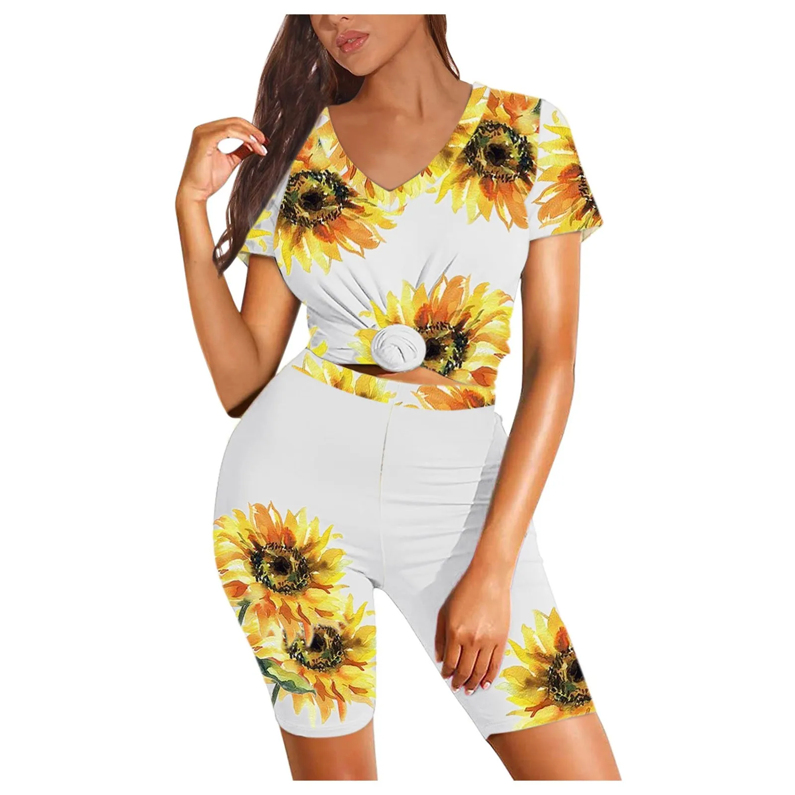 Women Short Sleeve Sports Suit Casual Sunflower Print Tops + High Waist Shorts Suit Gym Workout Running Sportswear Tracksuit 2